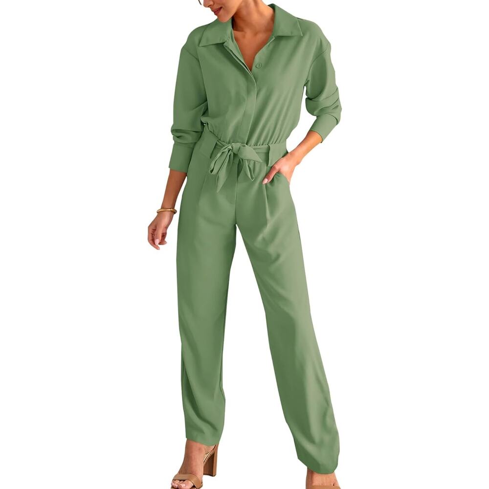Green Fall Jumpsuit Long Sleeve V Neck Belted & Pockets Medium Great Gift Idea🎁